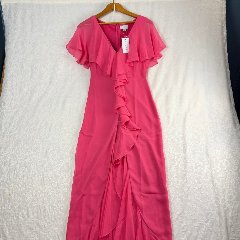 Yaura Womens UK 10 Pink Isioma Maxi Dress Ruffle V-Neck Flutter Sleeve Gown